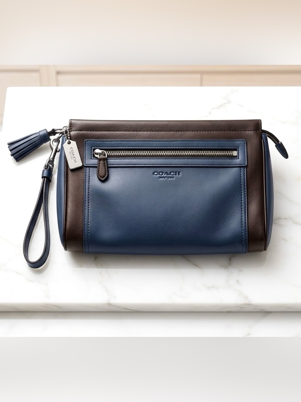 Coach Legacy Large Leather Wristlet Black Clutch Navy Zip Wallet Makeup Bag